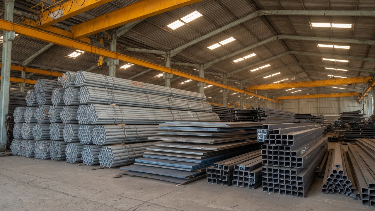 Steel warehouse with pipes, plates and structural sections